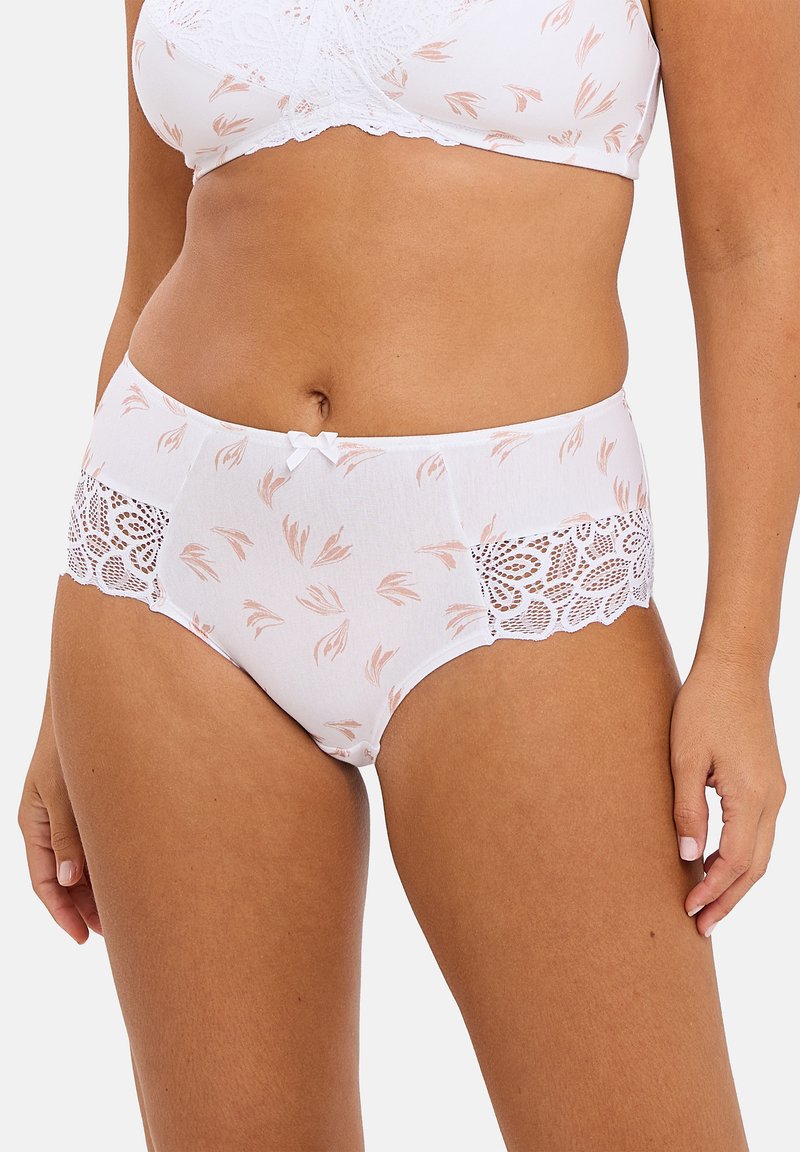 Sous-vêtements blancs avec un motif floral en rose doux. Finitions en dentelle sur les côtés, avec un petit nœud à l'avant de la taille.