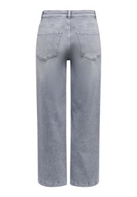 Sive kavbojke iz jeansa z ravnimi hlačnicami, imajo dva zadnja žepa in gladko teksturo. Tkanina je rahlo posivela.