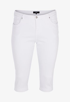 Witte denim shorts tot de knie met een klassiek vijf-pocket ontwerp, vooraan sluiting met knoop en een schone, gladde textuur. Geen zichtbare patronen.