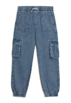 Pantaloni cargo in denim azzurro chiaro, con vita elastica, coulisse, due tasche laterali e due tasche cargo con polsini elasticizzati.