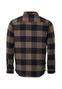 Chemise à carreaux marron et noire à manches longues, vue de dos, avec des poignets boutonnés et une petite boucle en tissu sous le col.