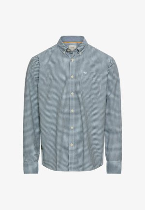 Hemdenbluse im blau-weißen Vichykaro-Muster, mit langen Ärmeln, Kragen, Brusttasche und Knopfleiste. Aus Baumwollmischgewebe.