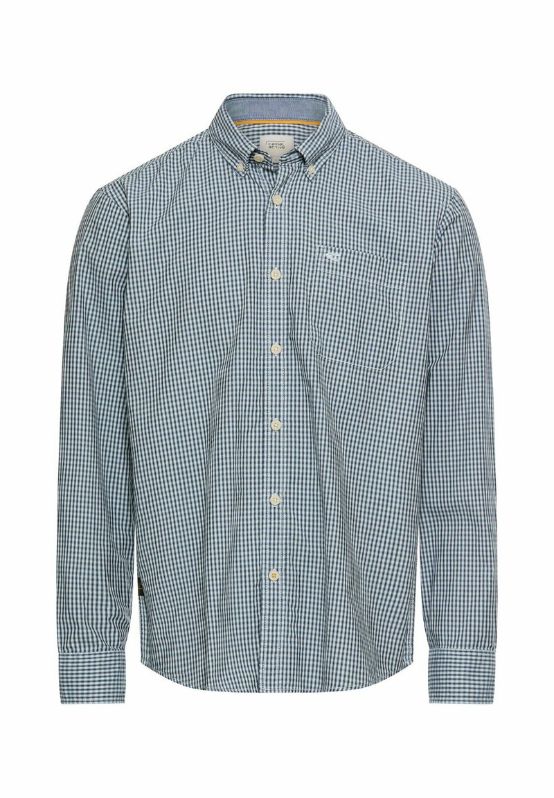 Koszula na guziki w niebiesko-biały wzór kratki gingham, z długimi rękawami, kołnierzykiem, kieszenią z przodu oraz zapięciami na guziki. Materiał z mieszanki bawełny.