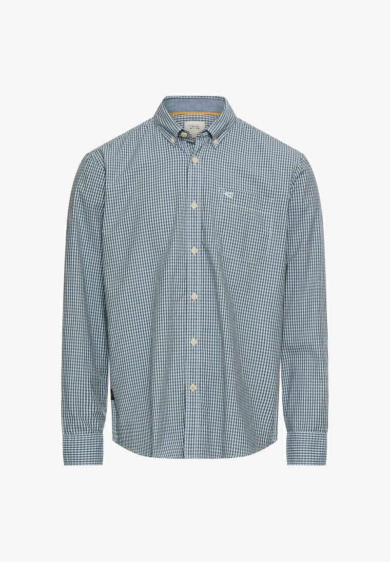 Koszula na guziki w niebiesko-biały wzór kratki gingham, z długimi rękawami, kołnierzykiem, kieszenią z przodu oraz zapięciami na guziki. Materiał z mieszanki bawełny.