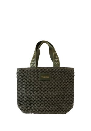 Borsa tote intrecciata verde oliva con ampi manici in tessuto stampati con "YES-ZEE" e toppa frontale con logo "YES-ZEE".