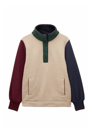 Beige Pullover-Sweatshirt mit grünem Kragen und halbem Reißverschluss, sowie Ärmel in Marsala und Marineblau. Mit zwei Vordertaschen. Weicher Stoff.