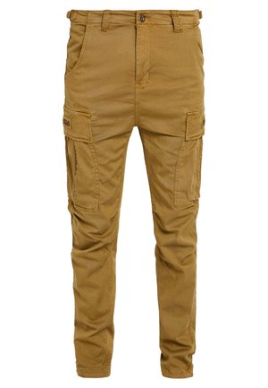 Pantalons cargo kaki en coton robuste, dotés de plusieurs poches latérales, d'une fermeture à bouton et d'un design de jambe légèrement fuselée.