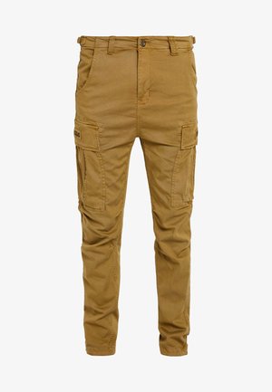 Spodnie cargo w kolorze khaki, wykonane z mocnej mieszanki bawełny, z wieloma bocznymi kieszeniami, z zapięciem na guzik i lekko zwężającymi się nogawkami.