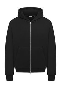 Schwarze Zip-up-Hoodie mit glatter Textur, großen Fronttaschen und einer Kapuze mit Kordelzug. Verfügt über gerippte Bündchen und Saum für einen sicheren Sitz.