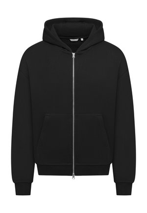 Schwarze Zip-up-Hoodie mit glatter Textur, großen Fronttaschen und einer Kapuze mit Kordelzug. Verfügt über gerippte Bündchen und Saum für einen sicheren Sitz.