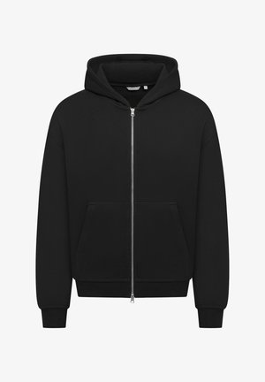 Schwarze Zip-up-Hoodie mit glatter Textur, großen Fronttaschen und einer Kapuze mit Kordelzug. Verfügt über gerippte Bündchen und Saum für einen sicheren Sitz.