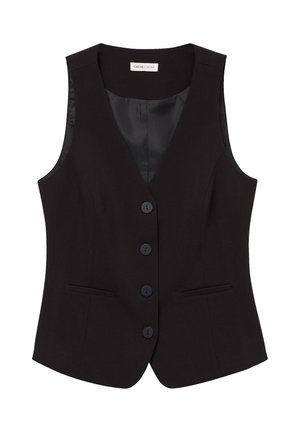 Chaleco negro sin mangas, entallado, con cuatro botones delanteros y dos pequeños bolsillos con aberturas, presenta un escote en V y un forro interior suave.