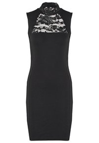 Robe noire moulante sans manches avec col haut, avec un panneau en dentelle florale sur le haut de la poitrine et du cou.