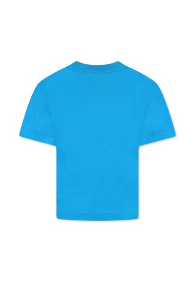 T-shirt blu a maniche corte, realizzato in cotone morbido. Presenta un collo rotondo e un orlo dritto, con una texture liscia e cuciture uniformi.
