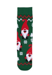 Calzini verdi con gnomi rossi, barbuti bianchi, stivali neri e cappelli rossi, decorati con fiocchi di neve e un motivo a zigzag.