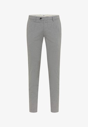 Lysegrå slim-fit herrebukser med bæltestropper, frontknap og lynlås, lavet af fint struktureret stof.
