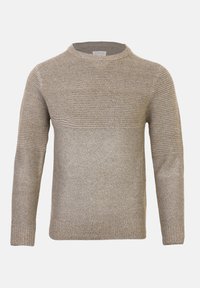 Pull beige en maille avec un col rond, présentant un motif texturé sur la partie supérieure et une finition lisse sur la partie inférieure.