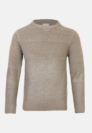 Μπεζ πλεκτό πουλόβερ με στρογγυλή λαιμόκοψη, με υφή μοτίβου στο πάνω μέρος και λεία επιφάνεια στο κάτω μέρος.