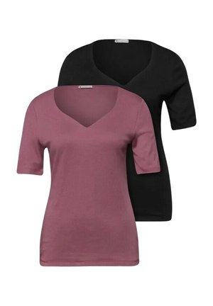 Dwa koszulki z krótkim rękawem i dekoltem w serek, jedna w kolorze wrzosowym z przodu, druga czarna z tyłu, na białym tle.