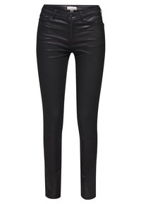 Pantalon noir ajusté en simili cuir avec bouton à l'avant, fermeture éclair, passants pour ceinture, poches avant et arrière.