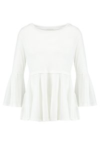 Weißes Langarmshirt aus weichem Material mit Rundhalsausschnitt und schwingenden Ärmeln, mit einem gerafften Peplum-Design und glatter Textur.