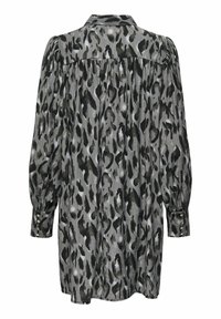 Robe à manches longues avec un motif animalier gris et noir, équipée d'un poignet boutonné et d'une coupe décontractée avec des détails froncés au dos.