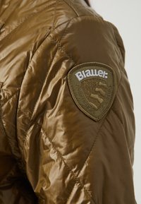 Giacca trapuntata verde oliva realizzata in un tessuto testurizzato e lucido. I dettagli più significativi includono una patch circolare di tessuto con il logo "Blauer" sulla spalla.