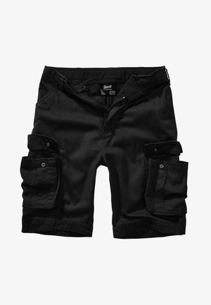 Pantalones cortos cargo negros con múltiples bolsillos con botones en ambas piernas, cremallera y una etiqueta de marca visible en la cintura interior.
