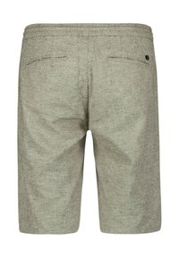 Lichtgrijze, textuurlijke shorts met een elastische tailleband en twee achterzakken. Einde net boven de knie. Subtiel geweven patroon overal.