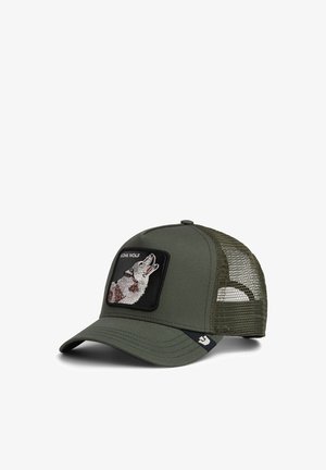 Olive green trucker cap with mesh back and embroidered patch of a howling wolf labeled "LONE WOLF" on the front panel.