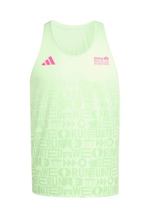 Light green athletic tank top featuring a geometric pattern, pink Adidas logo, and "BMW Berlin Marathon" text in pink.