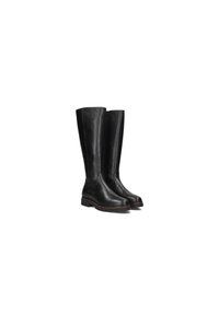 Black knee-high leather boots with a smooth texture, rounded toe, and minimal detailing, featuring a flat sole and subtle stitching accents.