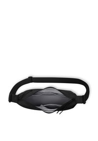 Borsa in tessuto nera con una finitura liscia, dotata di apertura con zip e rivestimento interno grigio. Include una tracolla regolabile per una vestibilità sicura.