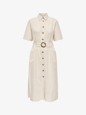 Béžové midi košeľové šaty s krátkym rukávom, s gombíkmi v tvare korytnačieho vzoru, golierom, jedným náprsníkovým vreckom a zodpovedajúcim opaskom s okrúhlou prackou.