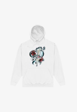 Hvid hættetrøje med kappe, prydet med design af en tegneseriefigur, røde roser og tekst. Den har en frontlomme, snørebånd i hætten og ribbede manchetter.