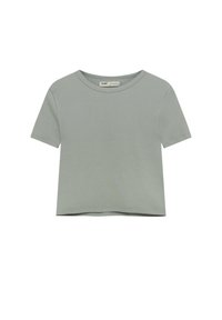 Lys grøn ribbet T-shirt med korte ærmer, rund halsudskæring og lige kant. Blød tekstur, afslappet pasform og minimalistisk design.