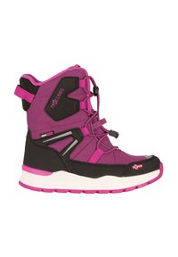 Lila und schwarze wasserdichte Stiefel aus strukturiertem Stoff, mit Schnürdesign und weißer Sohle. Besitzt reflektierende Akzente und ein Patch mit der norwegischen Flagge.