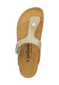 Sandalo flip-flop glitterato oro con cinturino in finta pelle, fibbia regolabile e plantare imbottito color tan con il nome del marchio stampato all'interno.