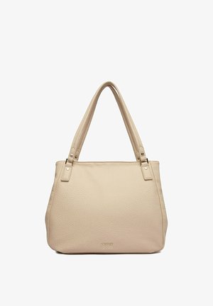 Beige tekstureret læderhåndtaske med to skulderremme og "LASOCKI" logo på frontens midte.
