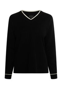 Černý svetr s dlouhými rukávy a výstřihem do V, s bílým lemem kolem výstřihu a na manžetách. Vyroben z jemné tkaniny s přiléhavým střihem.