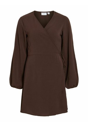 Bruine overslagjurk met lange mouwen, V-hals, elastische manchetten en zijstriksluiting, knielengte, gestructureerde stof van VILA.