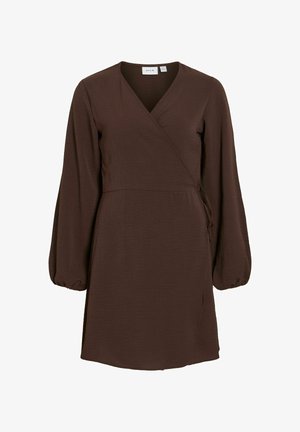 Bruine overslagjurk met lange mouwen, V-hals, elastische manchetten en zijstriksluiting, knielengte, gestructureerde stof van VILA.