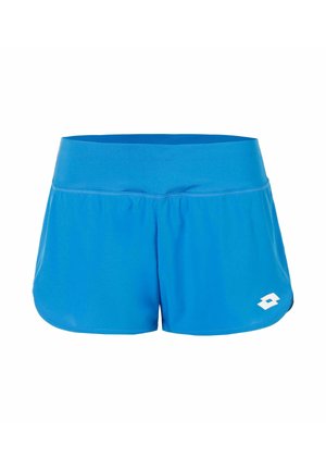 Pantaloncini sportivi blu con fascia larga in vita e piccolo logo bianco nella parte anteriore inferiore destra, mostrati su sfondo bianco.