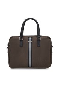 Bruine stoffen laptoptas met zwarte leren handvatten. Heeft een verticale zwart-grijze streep en zilveren hardwareaccenten.