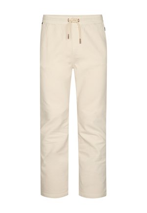 Pantaloni beige in cotone con elastico in vita e coulisse regolabile; gambe dritte senza motivi visibili né dettagli metallici.