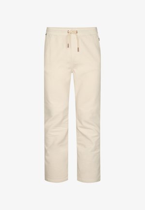 Pantaloni beige in cotone con elastico in vita e coulisse regolabile; gambe dritte senza motivi visibili né dettagli metallici.