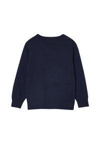 Navyblauer Strickpullover, Rundhalsausschnitt, lange Ärmel, gerippte Bündchen und Saum, glatte Textur, schlichtes Design, keine sichtbaren Muster oder Akzente.