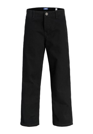 Pantalon noir à jambe droite avec fermeture par bouton et zip, passants de ceinture et étiquette de marque visible à l’intérieur de la ceinture.