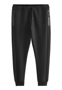 Zwarte sweatpants met een elastische tailleband, een trekkoord en twee ritszakken aan de zijkanten. Glad materiaal met een ribbelsmanchet bij de enkels.