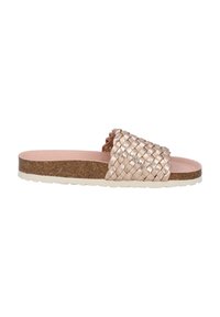 Vävd metallisk rosa slide-sandal med kork-sula och vit gummiyttersula. Har ett strukturerat rem och en mjuk rosa insida.